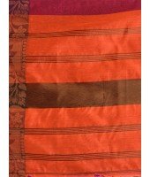 DESH BIDESH Women`s Tant Cotton Silk Handloom Cotton Saree Pushpomala With Blouse Piece(Green Orange)